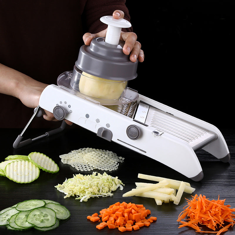 Descubra a Versatilidade do Fatiador Mandolin Ajustável Profissional 8 em 1 de Inox da KitchenCo