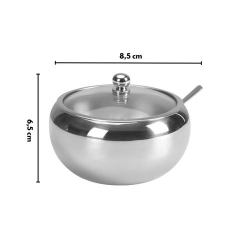 Açucareiro de Inox com Tampa de Vidro e Colher