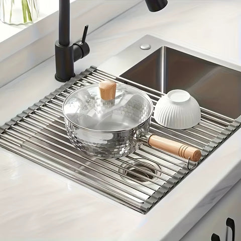 Escorredor Dobrável, Escorredor de Pratos, Organizador de Pia, Aço Inoxidável, Utensílios de Cozinha, Compacto, Resistente à Ferrugem, Multifuncional Kitchen&Co