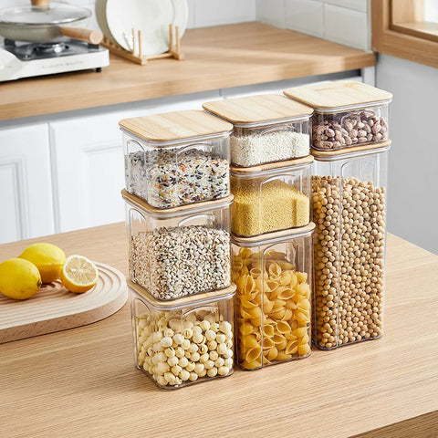 1 Potes De Armazenamento PET E Bambu, Potes Herméticos, Tamanhos Variáveis, Vedação Hermética, Organização De Cozinha,Seguro Para Alimentos, Porta Temperos, Organizador de Cozinha, Pote de Armazenamento, Recipiente de Armazenamento, Kitchen&Co