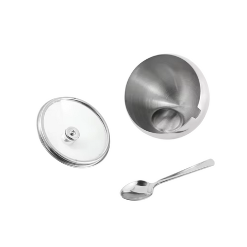 Pote para Temperos, Pote de Açúcar com Tampa, Porta Temperos Inox, Açucareiro Tampa Vidro, Açucareiro Inox, Açucareiro com Colher, Açucareiro 300ml, Açucareiro.