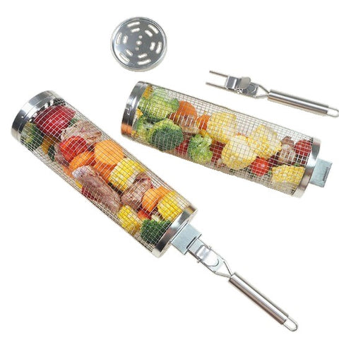 Cilindro de Grelha Inox, Grelhador de Churrasco, Grelha Cilíndrica Giratória, Grelha Inox com Alça, Cesta de Grelhar Legumes, Cilindro para Churrasqueira, Acessório de Churrasco Inox, Basket Grill, Ferramenta para Churrasco, Grelha para Fogueira