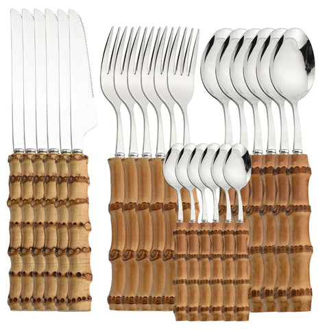 Talheres em Bambu e Inox, Talheres Ecológicos para Jantar, Talheres com Cabo de Bambu, Kit de Talheres Sustentável, Jogo de Talheres Naturais, Conjunto de Talheres Bambu.
