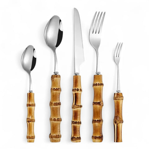 Conjunto de Talheres de Inox e Bambu – 24 Peças