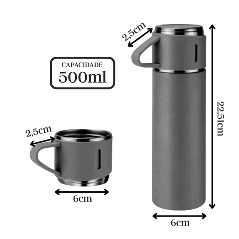Garrafa Térmica, Garrafa Inox, Térmica 500ml, Garrafa com Xícara, Vacuum Flask, Café, Chá, Bebida Quente, Bebida Fria, Cozinha, Presente